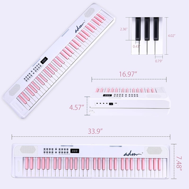 ADM 61 Key Folding Electric Piano Keyboard, Foldable Electronic Keyboard, Wireless 128 Tones, 128 Rhythms Includes Pedal, Gig Bag, Headphones for Beginners, Students, Teenagers, Adults, White - Image 3
